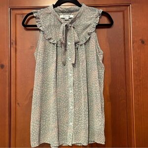 Forever 21 90s Sheer Patterned Green Button Down Tank with Bow